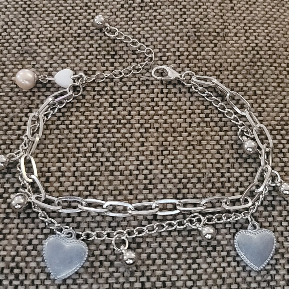 Heart Charm Bracelet with Real Pearl and Freshwater Shell Heart